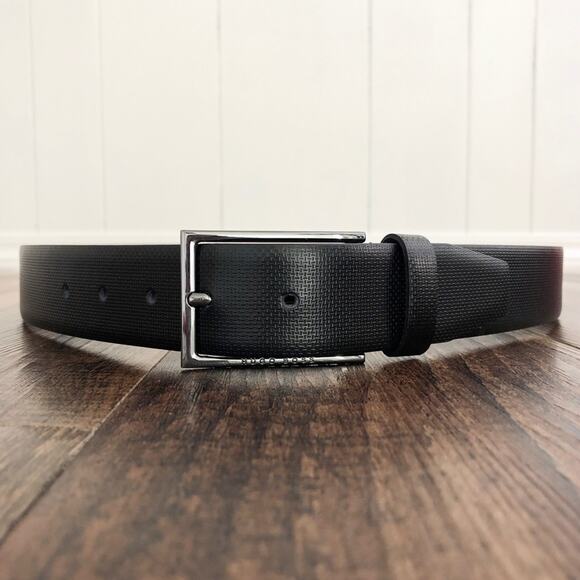 Hugo Boss Italian Leather Belt Printed Handmade in Italy Size 32 Black Gunmetal - Picture 1 of 16